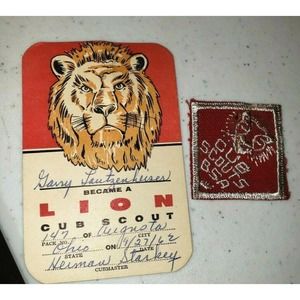 Vintage red and silver Lion Cub Scout BSA rank patch and card 1960s